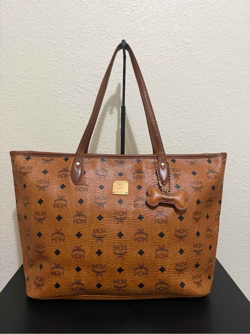 MCM Cognac Logo Visetos Tote with Bone Charm